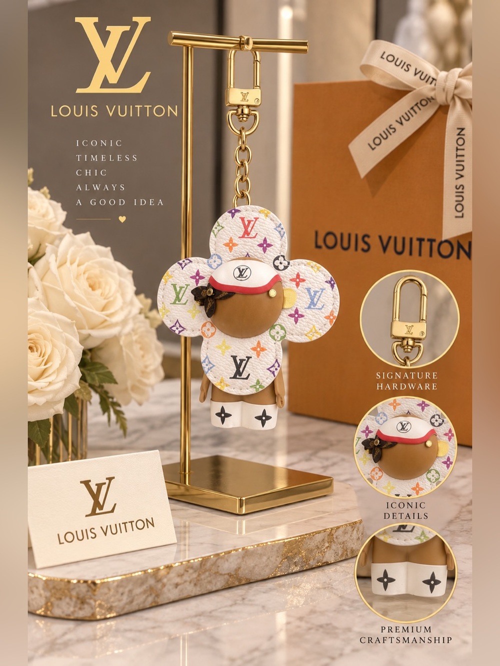 Multicolor Monogram Flower Doll Keychain Charm - White